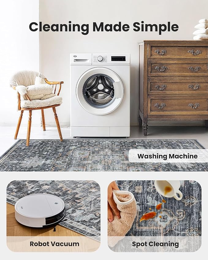 AMADA HOMEFURNISHING 8x10 Washable Area Rug, Low-Profile Large Area Rug with Non-Slip Backing & Durable Edge Binding, Vintage Large Rugs for Living Room, Bedroom, Dinning Room