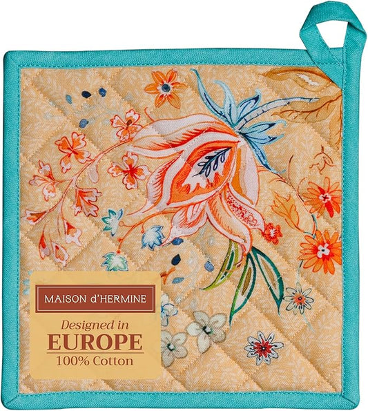 Maison d' Hermine Pot Holders 100% Cotton Heat Resistant Potholders 8" x 8" Hot Pads with Loop BBQ, Cooking, Baking, Grilling, Kitchen, Handling Hot Pans Spring/Summer (Pack of 1, Luxury Loft – Peach)