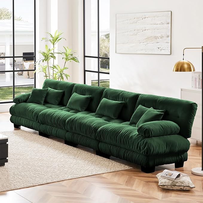 173.2" Oversized Couch, 4 Seater Modular Sectional Sofa, Green Large Sectional Couches for Living Room, Fluffy Chenille Fabric Cloud Couch with 5 Pillows, Deep Seat Sofas