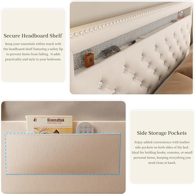 Full Led Bed Frame with 2 Drawers, Upholstered Bed Frames Full Size with 2 Storage Pockets, Platform Bed with Adjustable Height Crystal Button Tufted Headboard, No Box Spring Needed, PU White