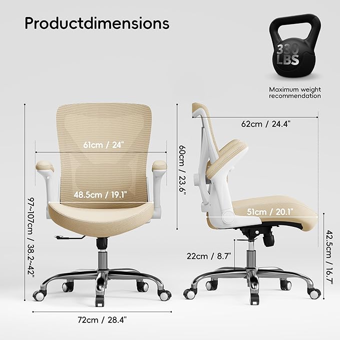 Office Home Ergonomic Desk Chair-Computer X-Shaped Chair Mesh PU Leather with Adjustable Lumbar Support-Executive Chair High Back Flip-Up Arms for Long Hours (Khaki-No Headrest)