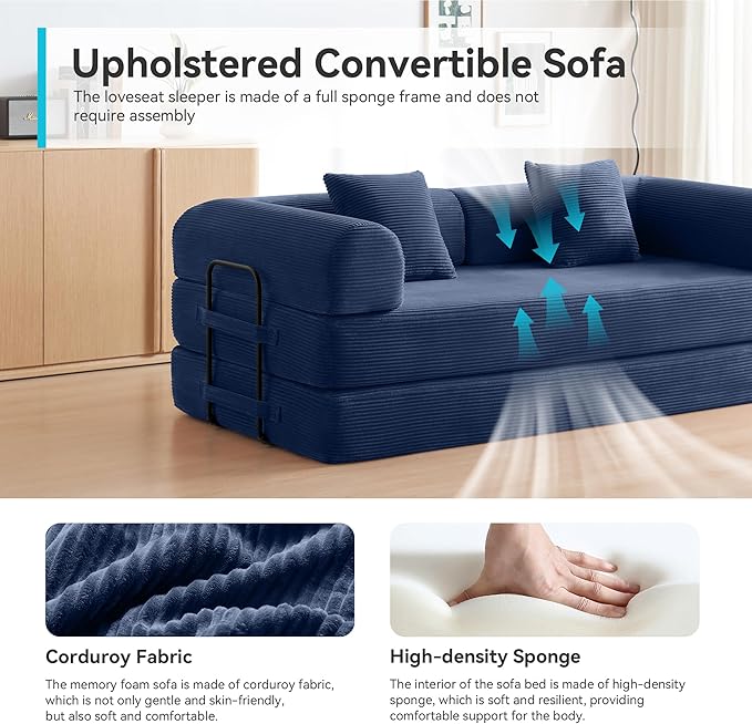Convertible Sofa Bed with Cylindrical Pillow,Comfy Floor Sofa Bed Compressed Sofa in Box, Convertible Sofa Bed for Living Room Bedroom Lounge Studio, Comfy High Density Foam Mattress(Navy Blue)