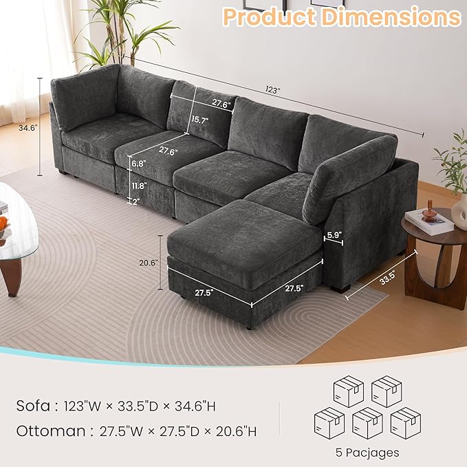 TEKAMON 123" Modular Sectional Sofa,Extra Large Comfy Cloud 4-Seat Deep Seat, Reversible Chaise Modular Sectional Couches for Living Room and Apartmenr,Grey