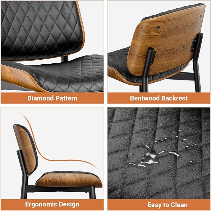 Dining Chairs Set of 2, FSC Certified Mid Century Modern Accent Dining Room and Kitchen Chairs, Upholstered PU Leather Diamond Check Chairs with Walnut Bentwood and Metal Legs, Black