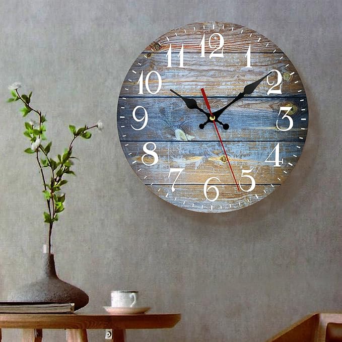 ArtSocket Wooden Wall Clock Silent Non-Ticking, Wood Old Retro Vintage Wooden Round Rustic Coastal Wall Clocks Decor for Home Kitchen Living Room Office, Battery Operated(12 Inch)