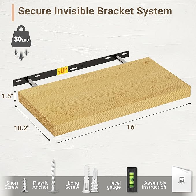 Vivelove 10" Deep Floating Shelves Over Toilet, 16" Wall Shelves for Bathroom Bedroom Kitchen Living Room Laundry Room, Modern Rustic Shelves for Home Decor, 16"x10.2"x1.5", Set of 2, Oak