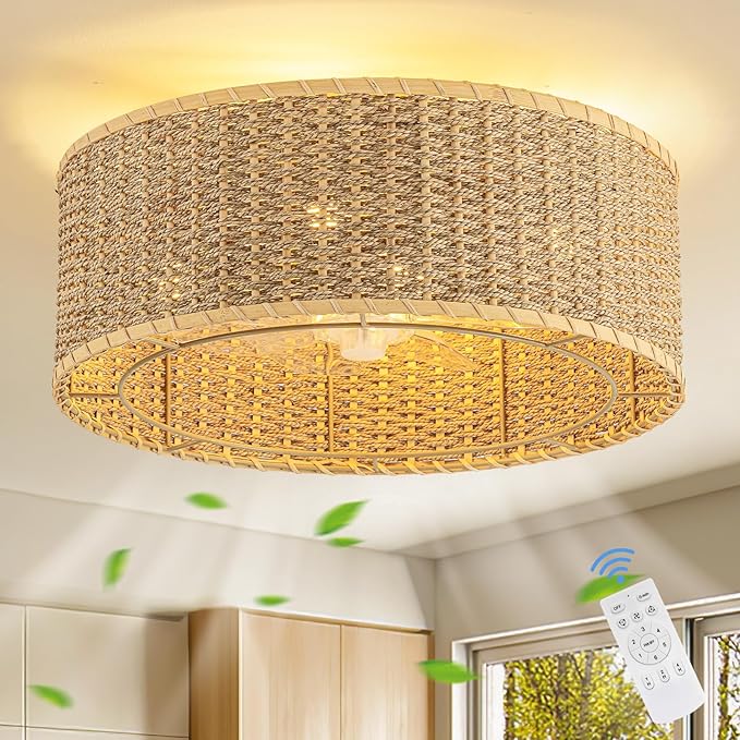 Boho Ceiling Fan with Light,Caged Ceiling Fan with Remote Control Reverible Blades,Low Profile 6 Speeds,Farmhouse Rattan Fandelier Chandelier Ceiling Fans for bedroom,dining room,kitchen ,living room