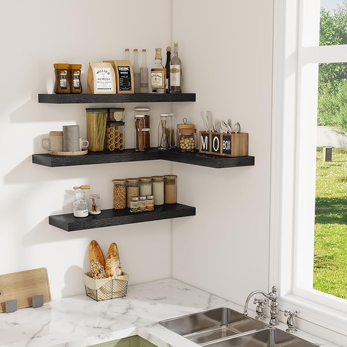 Fun Memories Black Floating Shelves for Wall Set of 2, 28" Black Floating Shelves for Home Decor, Rustic Wood Wall Mounted Shelf, Hanging Deep Shelf for Living Room, Bedroom, Bathroom, Kitchen