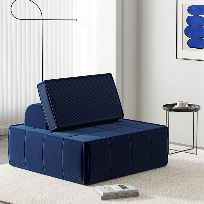 PurrJoys Modular Sectional Sofa, 35" Corduroy Sofa Sleeper Deep Seat Sofa with Adjustable Backrest, Small Couch for Small Spaces, Living Room, Bedroom, Apartment,Blue Office Couch