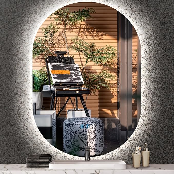 THEKLA 30 x 40 Inch Oval Lighted Vanity Mirror with Lights Backlit Smart Memory 3 Color Dimmable AntiFog 40" Frameless LED Oval Backlit Mirror for Bathroom Salon Makeup Wall Vertical/Horizontal Mount