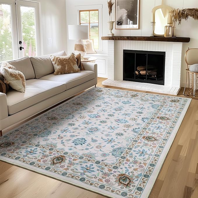 WILLSUN Washable Area Rugs, 4x6 Non-Slip Boho Large Area Rugs for Living Room, Bedroom, Machine Washable Vintage Rug, Indoor Floral Print Carpet for Home Decor, Kid & Pet Friendly Mat