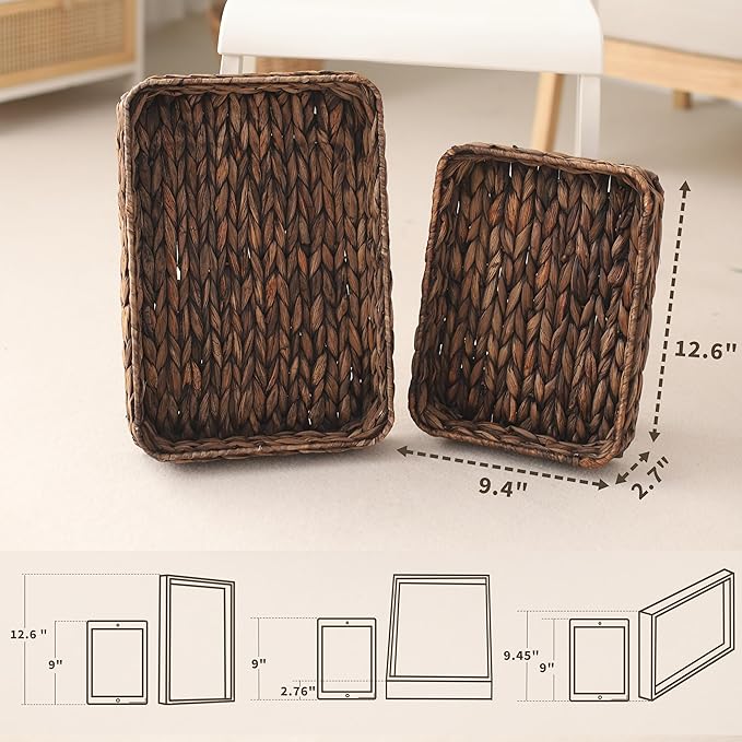 Water Hyacinth Woven Serving Tray Rectangular Hand-Woven Wicker Storage Trays for Coffee/Breakfast/Dessert/Fruit/Bread (Brown-Small)