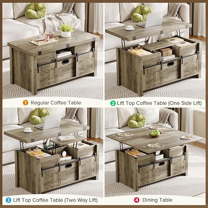 40" Farmhouse Lift Top Coffee Table with Sliding Barn Door,4 in 1 Multi-Function Coffee Tables with Storage Drawers & Hidden Compartment,Converts to Dining Table for Living Room,Grey
