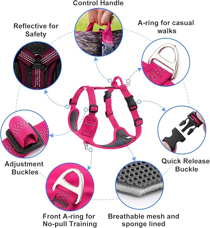 Plutus Pet No Pull Dog Harness, Reflective Adjustable Dog Vest Harness with Handle, Escape Proof, Soft Padded for Small Medium Large Dogs (Hot Pink, M)