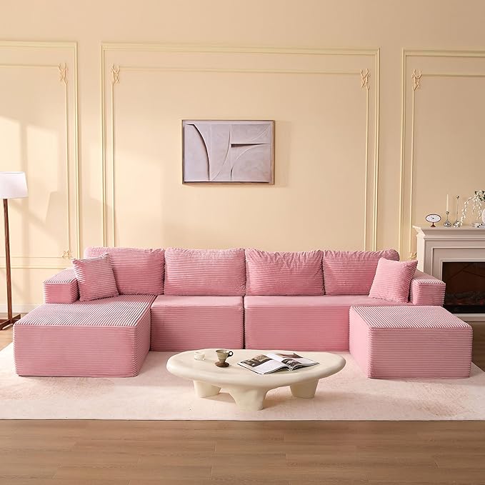 138" Boneless Couch with Deep Seat, Modular Sectional Sofa, Cloud Sectional Couch for Living Room, No Assembly Required, Corduroy, U-Shape 4 Seater Left, Pink