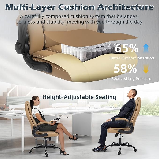 Office Chair - Executive Leather High Back Office Desk Chair with Rocking Function - Ergonomic Breathable Comfortable Wide Swivel Rolling Gaming Computer Chair with Flip-up Armrests & Lumbar Support