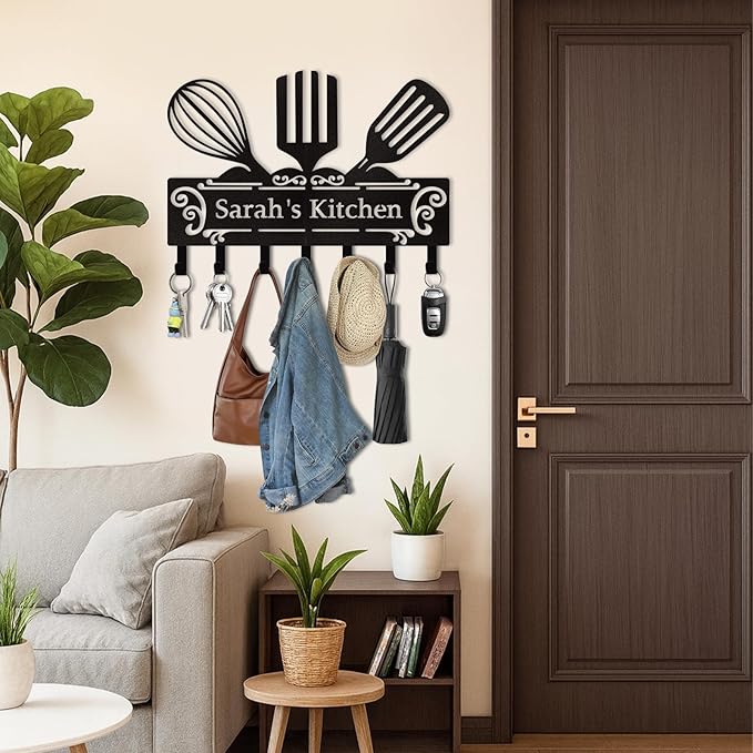 Personalized Metal Key Holder Wall Mount, Custom Kitchen Theme Key Hanger Organizer, Kitchen Hooks for Utensils, Home Decor for Dining Room Restaurant Entryway Office, Housewarming Gifts Color08