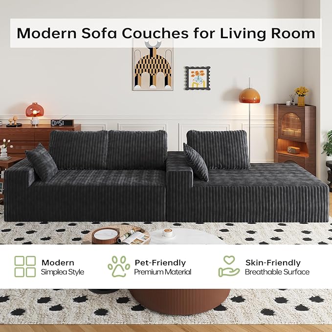 108" Sectional Couches for Living Room, Modular Sectional Sofa with L-Shape Chaise, Boneless Couch, Comfy Corduroy Fluffy Couch with Deep Seat and Side Pockets, No Assembly Required