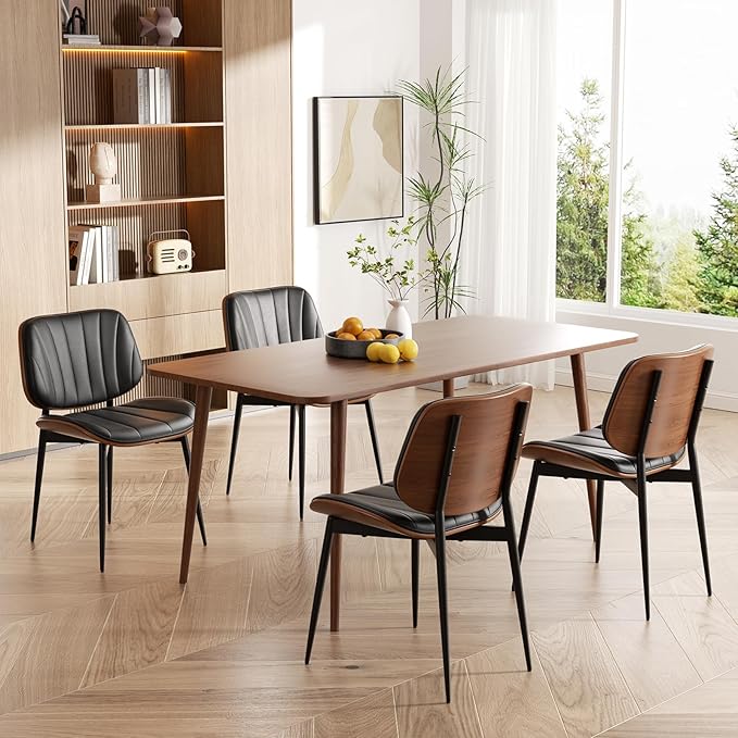 Dining Chair, Mid Century Modern Dining Room Chairs, Upholstered Faux Leather Kitchen Chairs with Walnut Bentwood Back and Metal Legs for Kitchen Dining Room Living Room, Black