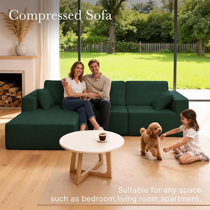 108” Modular Sectional Sofa Couch with Ottoman, 3-Seater Boneless Couch, L Shape Sectional Sofa Compressed Sofa for Living Room Bedroom, No Assembly Needed (Green, 3 Seats+1 Ottoman)