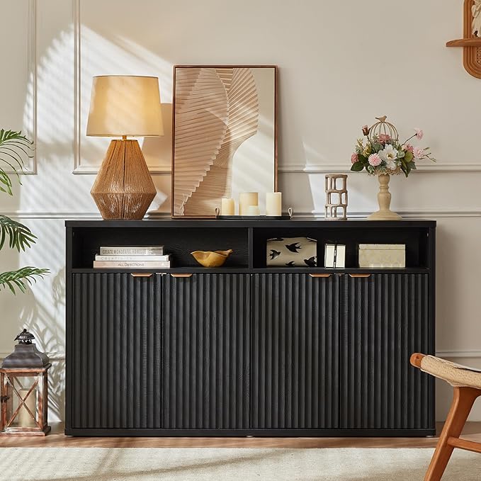 LEYAOYAO Fluted Buffet Cabinet with Storage, 55" Wide Wood Sideboard Credenza with 4 Doors & Open Storage Shelf, Modern Kitchen Console Accent Cabinets, Coffee Bar Table for Dining Room, Black Oak