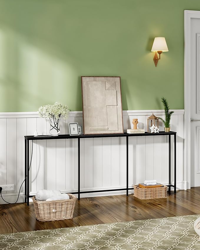 70.9" Narrow Console Table with Power Outlet 7.1" Skinny Sofa Table, Long Behind Couch with Charging Station for Hallway, Living Room Black TXG18UBB