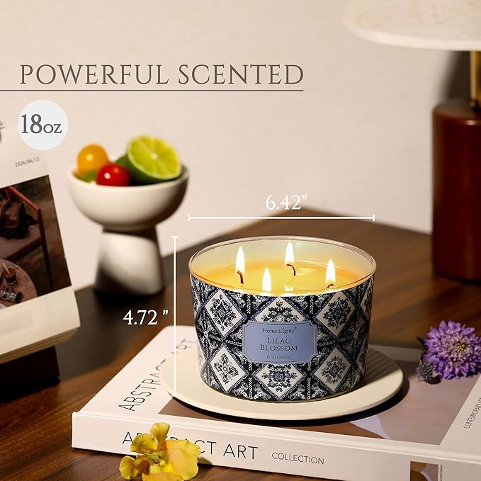 HomeLights 4-Wick Candles for Home Scented - 18oz Soy Wax Blend Candle Long-Lasting Fragrance, Bohemian Natural Textures Home Decor and Housewarming Gifts, Lilac Blossom