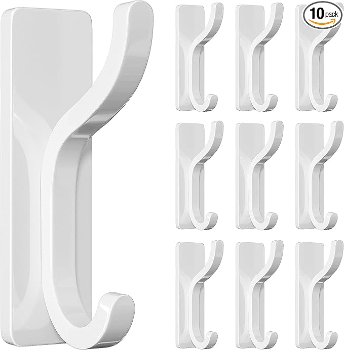 pickpiff 10-Pack Adhesive Wall Coat Hooks - Heavy Duty Stick-On Door Hanger, Metal Hook for Hanging Towel,Purse, Robe, Backpack, Jacket, Clothes - for Bathroom,Dorm, Closet, Kitchen - White