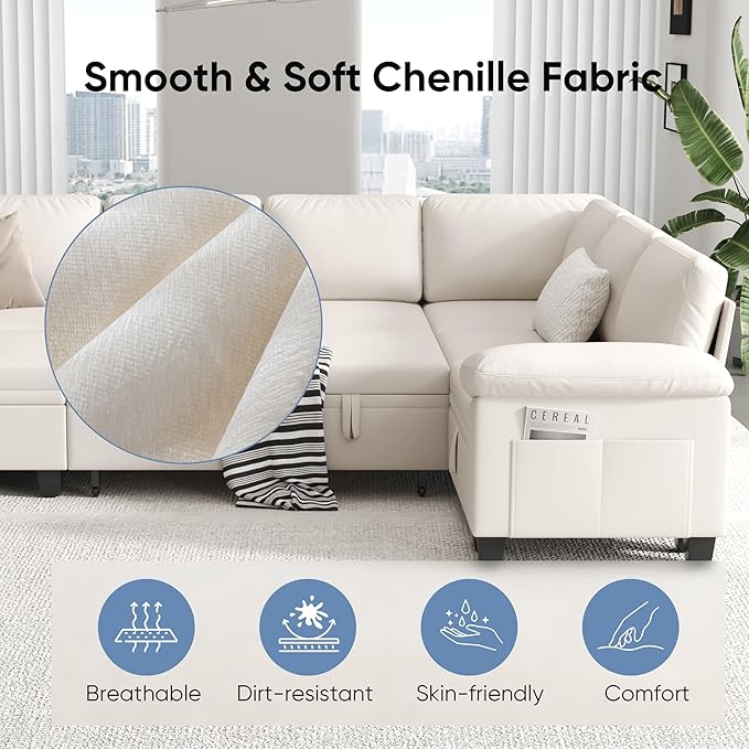 100" Modular Sectional Sleeper Sofa with Pull Out Bed,U Shaped 7 Seat Sectional Sofa with Storage,Modular Couch for Living Room,Deep Seat Couch with Removable Sofa Cover,Beige