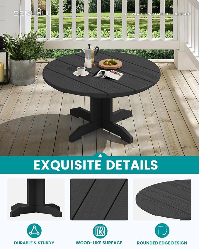 SERWALL 5-Piece Outdoor Round Coffee Table Set - 1 Table & 4 Adirondack Chairs with Cup Holders (Black)