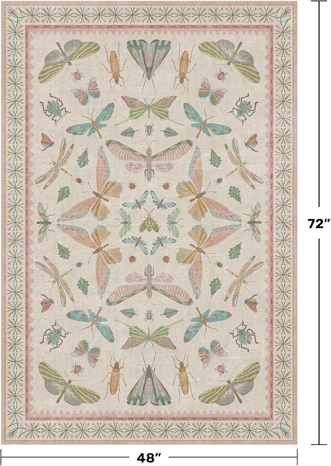 Neutral Girl Nursery Rug 4x6 - Beige & Pink Rugs for Bedroom, Living Room - Washable Low Pile Non-Slip Charming Insect Print Vintage Girly Design, Perfect for Kids Rooms