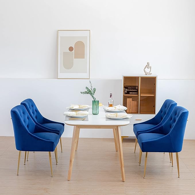 Modern Dining Chair Set of 2, Mid-Century Room Chair, Upholstered Comfortable Velvet with Back Pull Rod and Metal Legs for Kitchen, Dining, Living (Blue), (DYXSD)