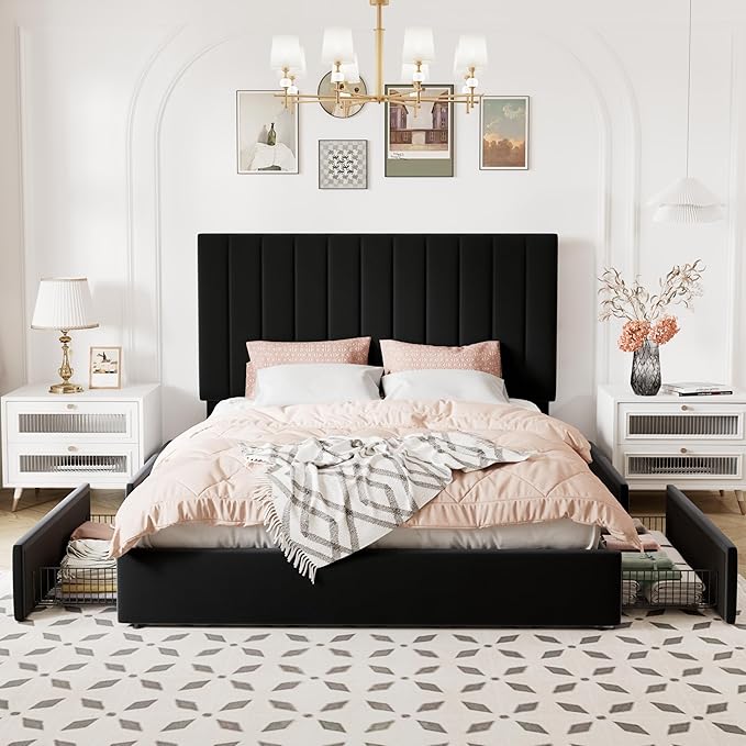 Allewie Full Size Storage Bed Frame, Vertical Channel Tufted Adjustable Headboard, Velvet Upholstered Platform Bed with 4 Oversized Underbed Drawers, Wooden Slats Support, No Box Spring Needed, Black