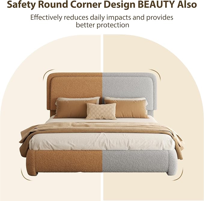 King Bed Frame, Teddy Velvet Boucle Bed Frame with 43.3"/45.3" Adjustable Upholstered Headboard, Rounded Corners, Mattress Foundation, No Box Spring Required, Brown