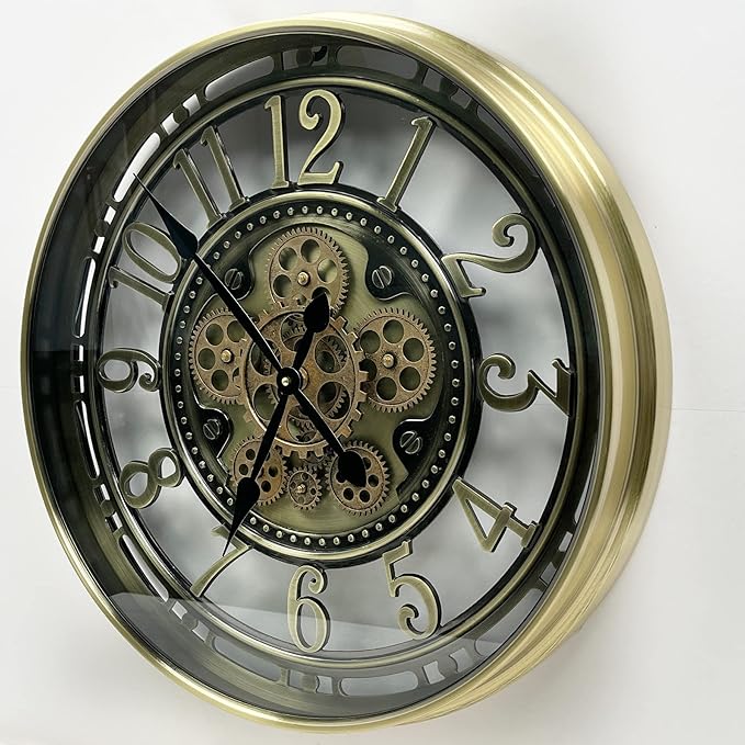 Real Moving Gears Wall Clock Large Modern Metal Clocks for Living Room Decor, Industrial Steampunk Unique Vintage Rustic Decorative Clock for Home Farmhouse Office, 21 Inch,Bronze Gold Arabic