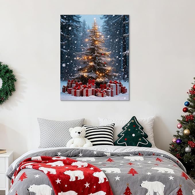 Framed Christmas Pictures Wall Decor,Vintage Pine Tree Prints,Winter Christmas Canvas Wall Art Decoration for Bedroom Bathroom Living Room Rustic Xmas Holiday Gifts (Christmas Tree 14, 16'' X 24'')