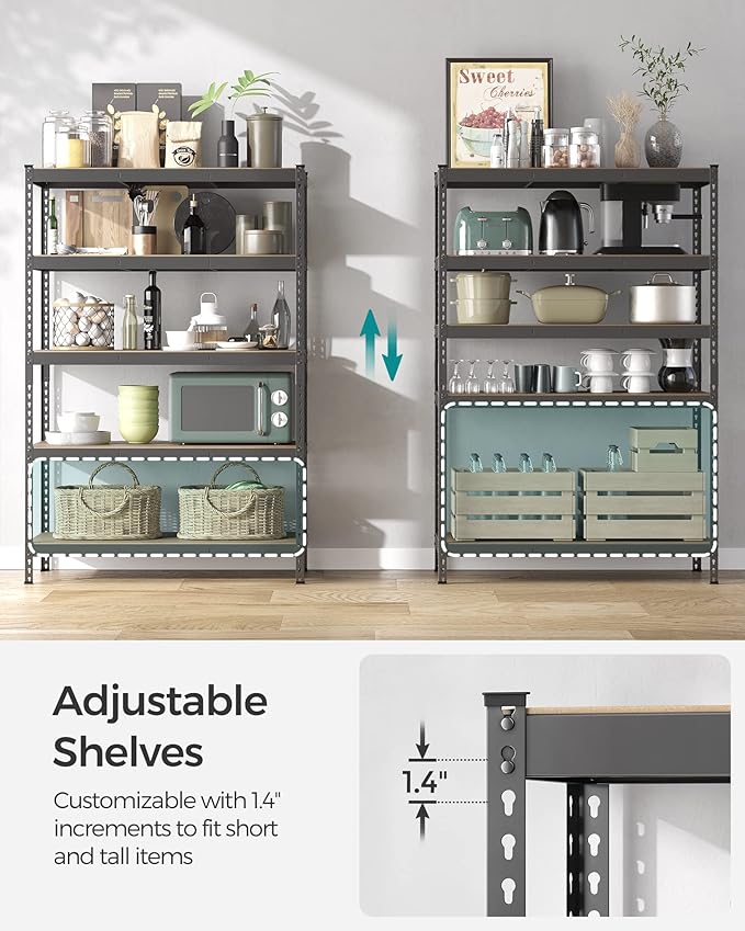 SONGMICS 5-Tier Storage Shelves, Load 2310 lb, Garage Storage, Boltless Assembly, Adjustable Shelving Unit, 23.6 x 47.2 x 70.9 Inches, for Study Shed Basement, Gray and Natural Beige UGLR600G01
