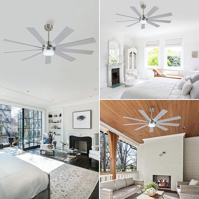 64" Ceiling Fan with Light Silver, 6-Speed Remote Control, Reversible DC Motor, Modern 9 Blades with 4.5"/12" Downrods for Home or Commercial, Living Room/Restaurant