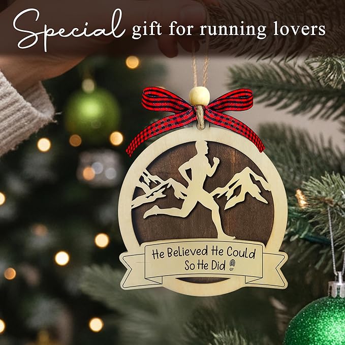 Running Christmas Ornament 2025-2 Layer Wooden Running Ornaments for Christmas Tree - Marathon Runners Wooden Xmas Tree Hanging Decor - Runner Ornament 2025 - Gifts for Runners, Cross Country Athlete