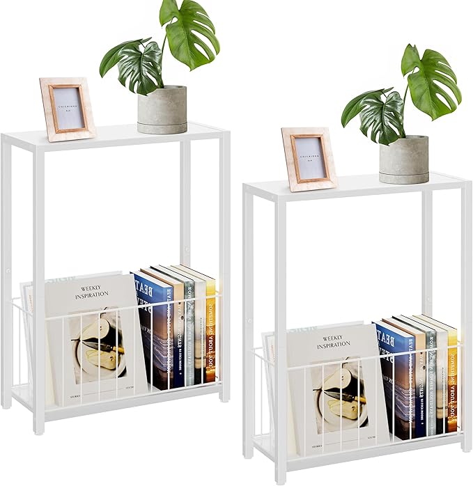 Narrow Side Tables Set of 2 with Magazine Holder, Skinny End Tables Perfect for Small Spaces, Space-Saving Design for Living Room, Bedroom, or Office, 7.1" D x 16.9" W x 23.6" H, White