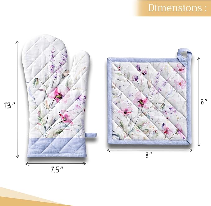 Maison d' Hermine 100% Cotton Oven Mitt & Pot Holder Set (7.5"x13" & 8"x8") Heat Resistant BBQ Cooking Gloves with Loop, Baking, Grilling, Kitchen, Handling Hot Pans Spring/Summer (Summer Floral)