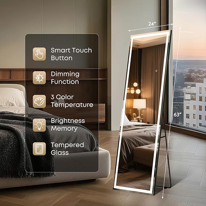 Kosmonia 63x24 Frameless Full Length Mirror, Dimmable 3 Color LED Light w/Memory Function, Distortion Free, HD Reflection & Anti Desilvering, Tempered Glass & Shatter Proof Film Doubling Safety