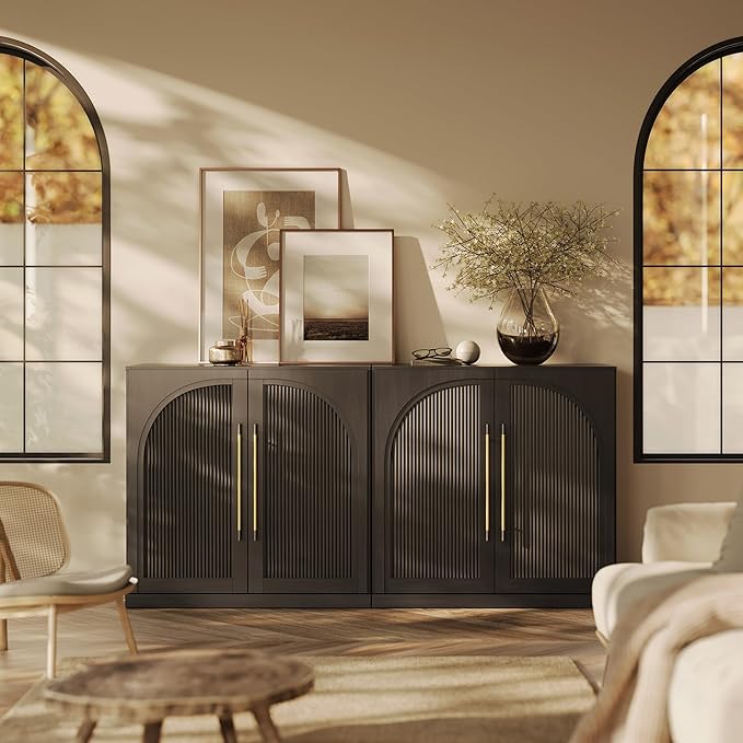 BELLEZE Set of 2 Modular Sideboard with Double-Arc Wood Doors, Small Arched Buffet Cabinet with Storage and Adjustable Shelves, Classic Modern Credenza for Dining Room, Living Room or Entryway(Ebony)