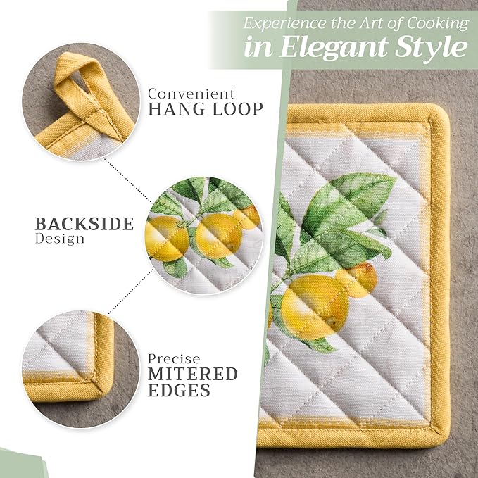 Maison d' Hermine Pot Holders Set 100% Cotton Heat Resistant Potholders 8" x 8" Hot Pads with Loop BBQ, Cooking, Baking, Grilling, Kitchen, Handling Hot Pans Spring/Summer (Pack of 2, Limoncello)