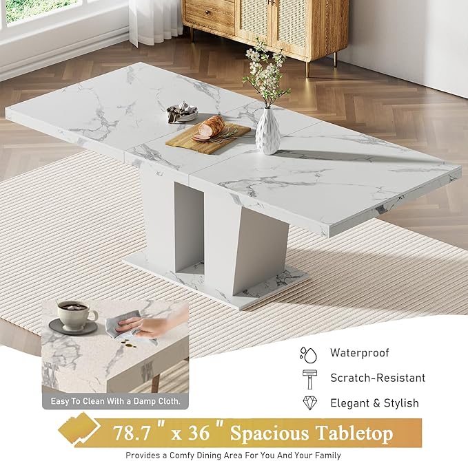 7-Piece Extendable Dining Table Set for 6-8 People 63-78 Inch Kitchen Table Set with 6 Black Upholstered Chairs Modern White Faux Marble Rectangular Dining Room Table Set for Kitchen Apartment