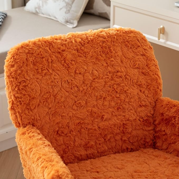 Goujxcy Faux Fur Home Office Chair, Upholstered Elegant Makeup Vanity Chair for Teen Girls Teddy Fabric Swivel Desk Chair, Height Adjustable Leisure Elegant Chair for Home Office (Orange)