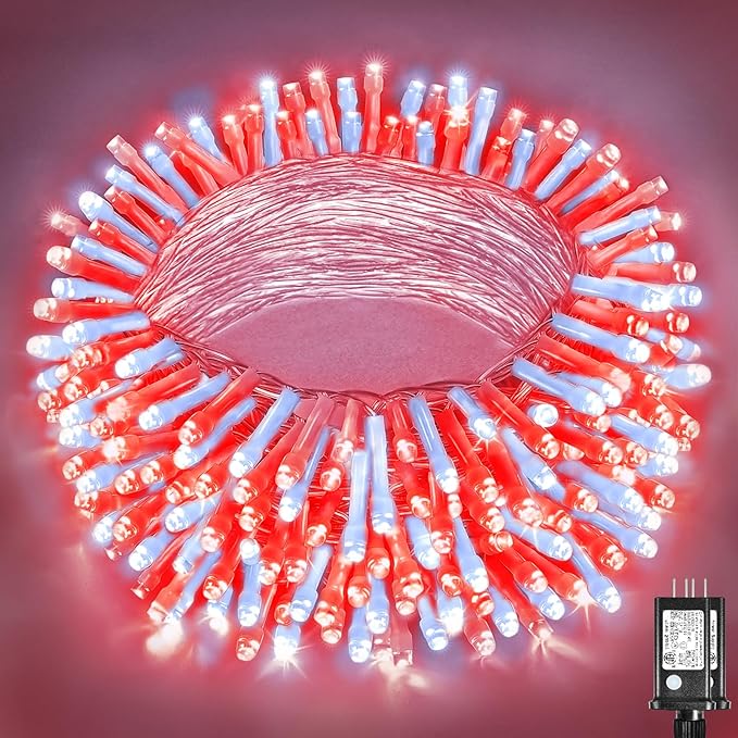 300 LED Christmas Lights Outdoor -100ft Extra Long Christmas String Lights 8 Modes Plug in Waterproof Fairy Lights with Timer Memory for Indoor Outside Bedroom Home Party Decoration, Red&White