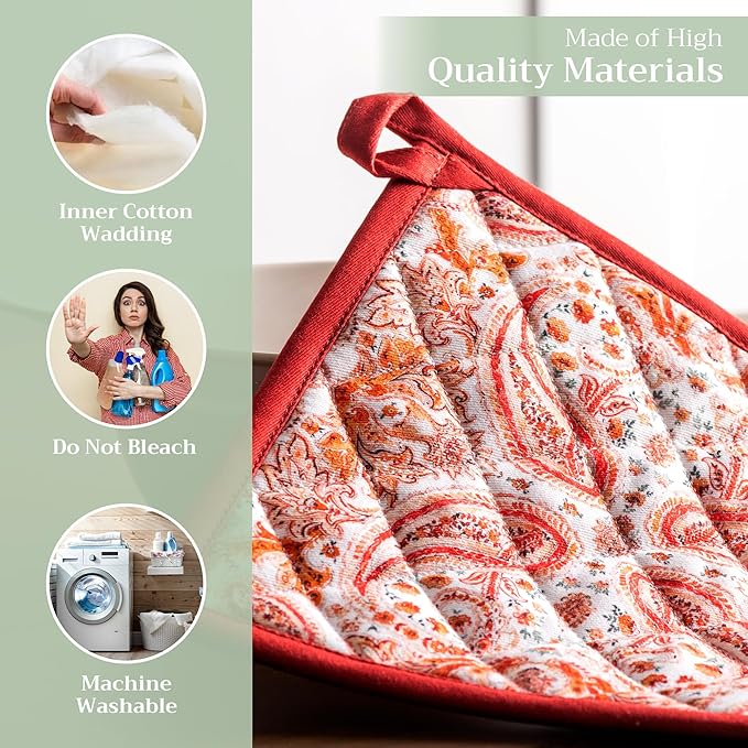 Maison d' Hermine Pot Holders 100% Cotton Heat Resistant Potholders 8" x 8" Hot Pads with Loop for Thanksgiving Christmas Decorations BBQ Cooking Baking Handling Hot Pans (Pack of 1, Orient)