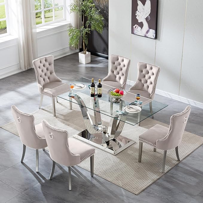 70" Modern Silver Glass Dining Table Set for 6, 7-Piece Rectangle Kitchen Dining Room Table Set with Steel Base & 6 Beige Velvet Upholstered Chairs, Modern Glass Kitchen Table and Chairs Set of 6