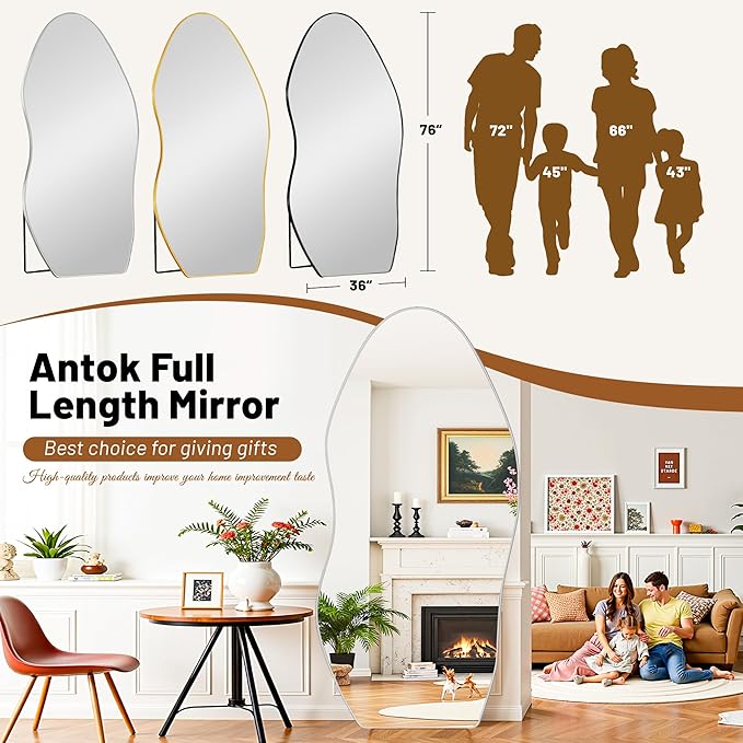 Antok Full Length Mirror, 76"x36" Floor Mirror with Stand, Standing Hanging Leaning Irregular Mirrors for Bedroom Living Room Entryway, Wavy Shaped, Silvery